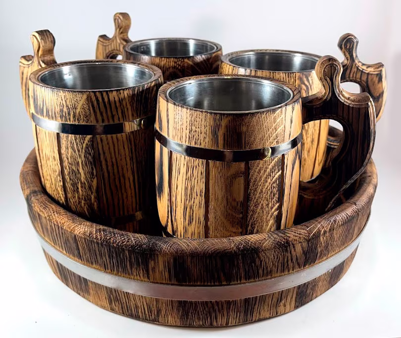 Set Of 3, 4, 6 Wooden Beer Mugs With Oak Tray, Wedding Party Gifts, Personalized Vintage Mug, Groomsmen Cup, Viking Tankard, Stein
