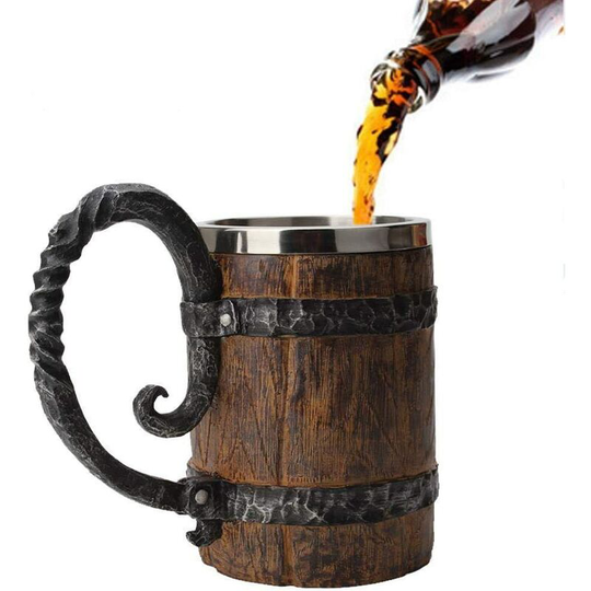 Beer Mug, Imitation Wood Stainless Steel Mug, Wooden Gifts Rustic Wooden Barrel Mug For Men Capacity: 18.60 Ounces (550 Ml)
