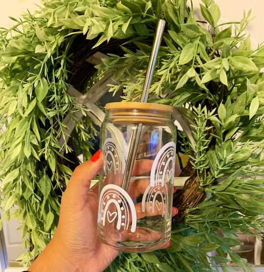 Rainbow Hearts Beer Can Glass, Boho Glassware, Coffee Cup Lid & Metal Straw Included, Iced Shaped Mug