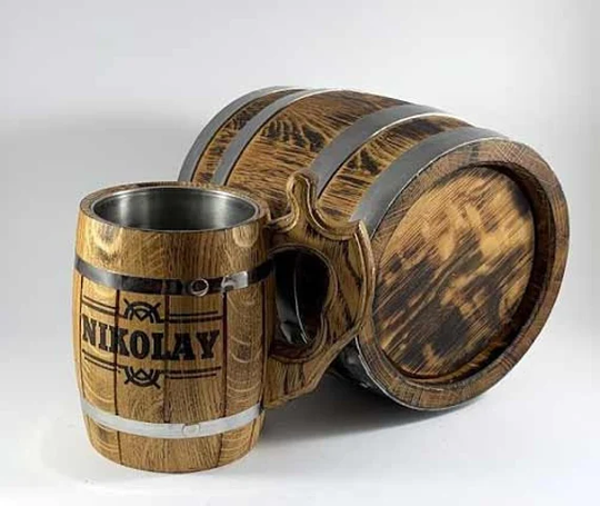 Wooden Beer Barrel Mug, Oak Tankard 0.5 L Gift For Him-Boyfriend-Dad, Engraved Wood Viking Personalized Vintage Stein