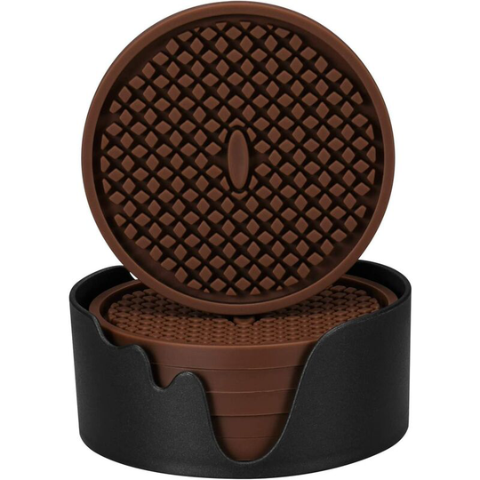 Silicone Coasters [6 Pack] Thick Coasters with Holder - Cup Mat - Non-Slip, Non-Stick, Stays in Place, Deep Tray - Prevents Furniture and Table