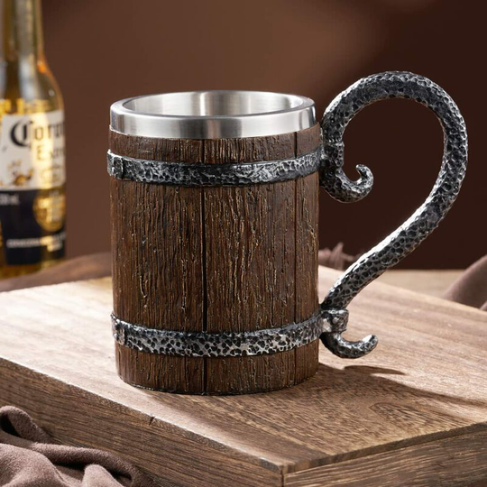 Handmade wooden beer mug, vintage stainless steel beer mug, medieval drink mug for coffee/drinks/juice 17 oz gift for men.