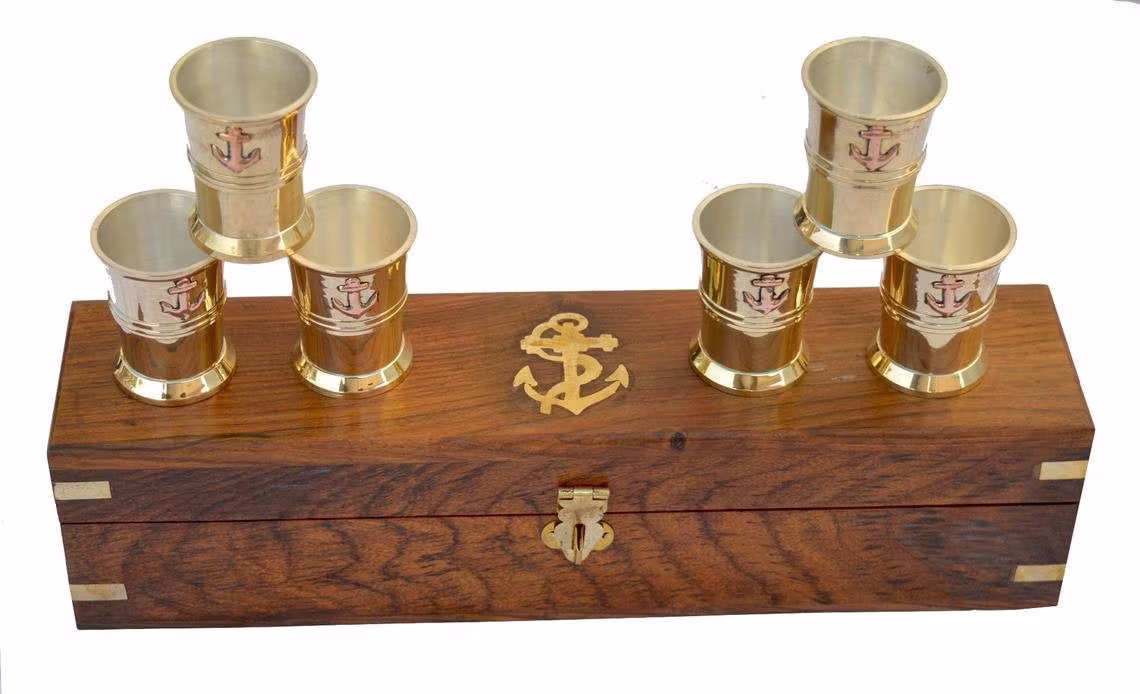 Set Of 6 Silver Coated Brass Wine Glass-Anchor Design Beer Shot Glass - 2