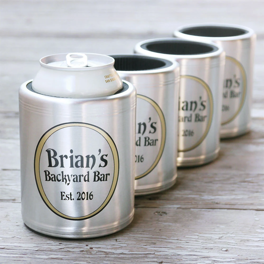 Set Of 4 Custom Stainless Steel Beer Can Coolers, Personalized Gift - Insulated Hugger For Deck, Patio, Bar & Grill, Pool, Bbq