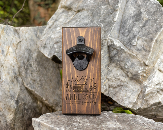 Wall Hanging Bottle Opener/ Personalized Camp Name/ Camping Family Last Name & Date/ Campers Gift/ Retirement Gift