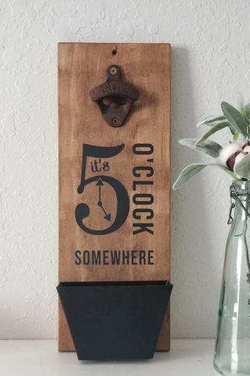 Wall Mounted Bottle Opener, Beer Lovers Gift, Funny Jimmy Buffet, New Dad Cap Catcher, It's 5 O'clock Somewhere