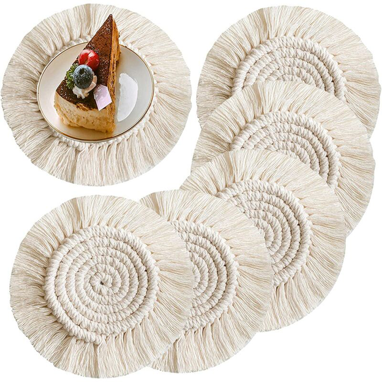 6pcs Braided Cotton Coaster Coasters Coffee Beer Mug Mat with Tassels Boho Table Decoration for Bar Restaurant