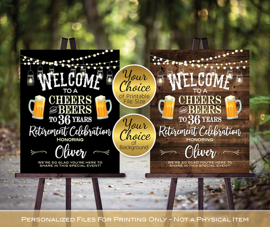 Cheers & Beers Retirement Welcome | Garland Lights Lanterns Faux Wood Or Black Any Year Personalized Digital Printable Files