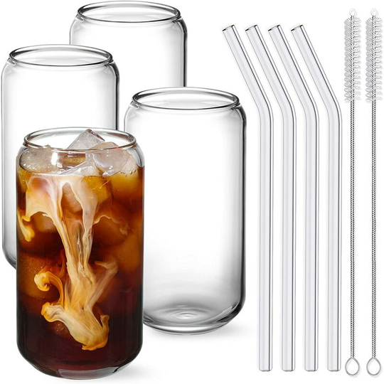 Flkwoh - Drinking Glasses with Glass Straw 4pcs Set - 16oz Can Shaped Glass Cups, Beer Glasses, Iced Coffee Glasses, Cute Tumbler Cup, Ideal for