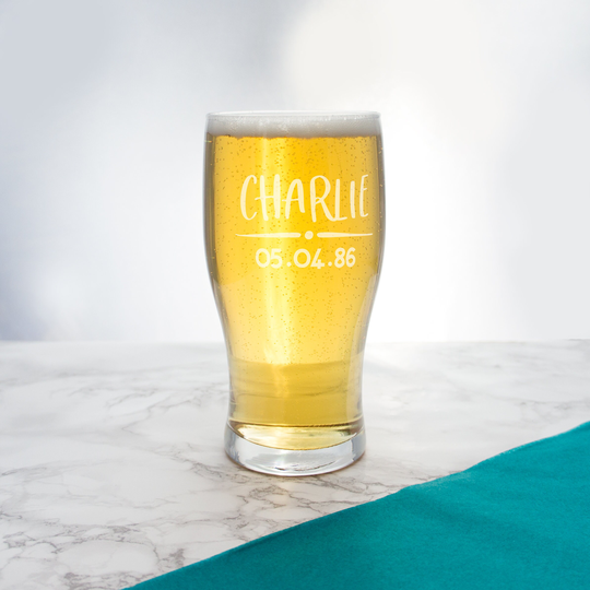 Custom Pint Glass Personalised With Name & Birthday. Engraved Drinks Glasses. Personalized Beer Glass. Gift For Beer, Larger Ale Drinker