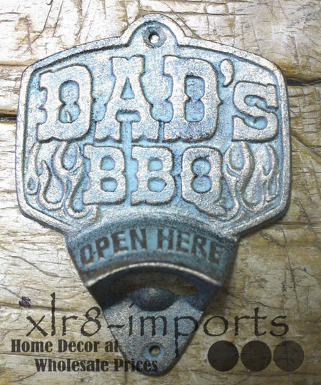 Cast Iron Dad's Bbq Plaque Open Here Beer Bottle Opener Western Wall Mount