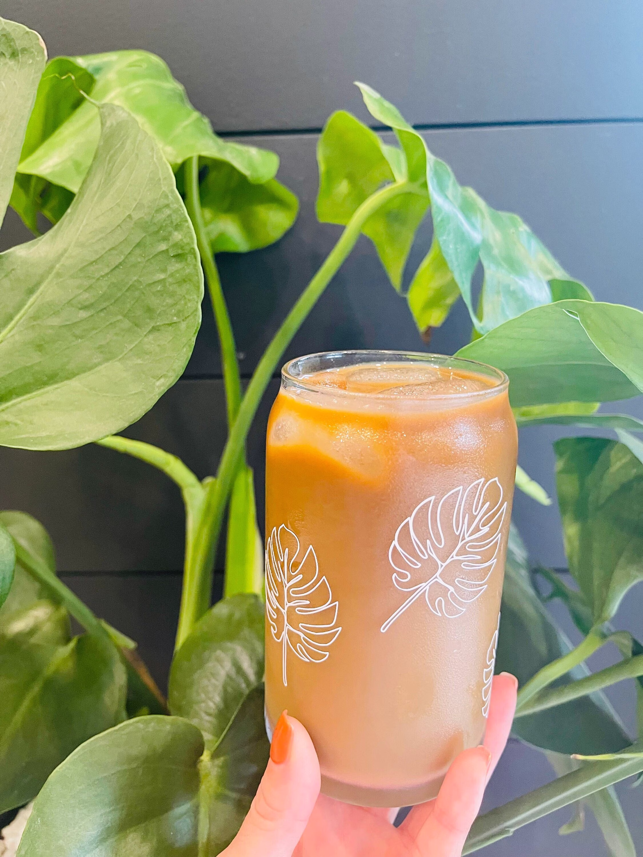 Iced Coffee Glass, Monstera Leaf, Glass Cup, Soda Can, Aesthetic Beer Cup