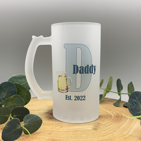 Personalised Dads Beer Stein, Frosted Heavy Glass Tankard, New Daddy Gift, Father's Day, Dad Birthday, To Be Dad