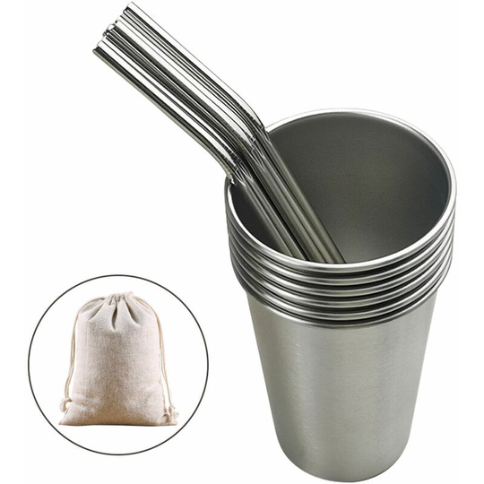 Briday - 304 Stainless Steel Beer Mug Straw Set Portable Cold Drink Mug 500ML Milk Cup Silver Beer Mug + Straw 12 Piece Set