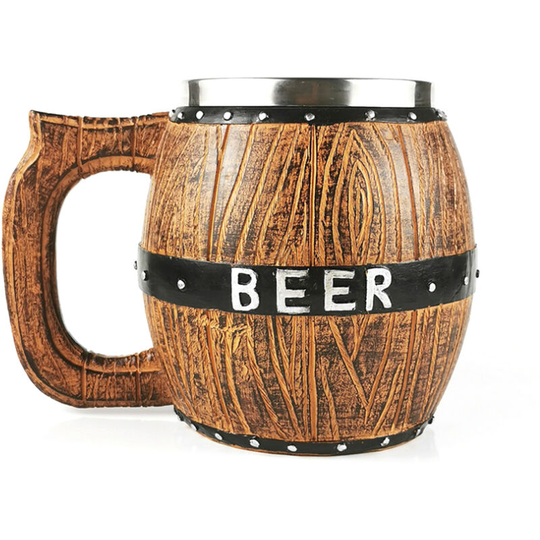 Stainless Steel Wooden Barrel Beer Mug Large Capacity Beer Barrel Vintage Bar Beer Mug (550ml)