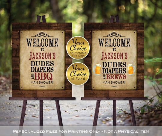Man's Diaper Shower Welcome Sign Personalized File | Dudes Diapers Bbq Or Brews Rustic Faux Wood Digital Printable Files