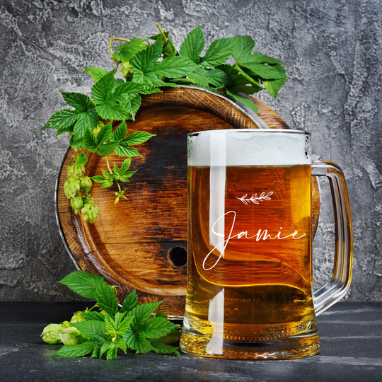 Personalised Name Script With Leaf Design Birthday Beer Tankard Glass Gift For Him