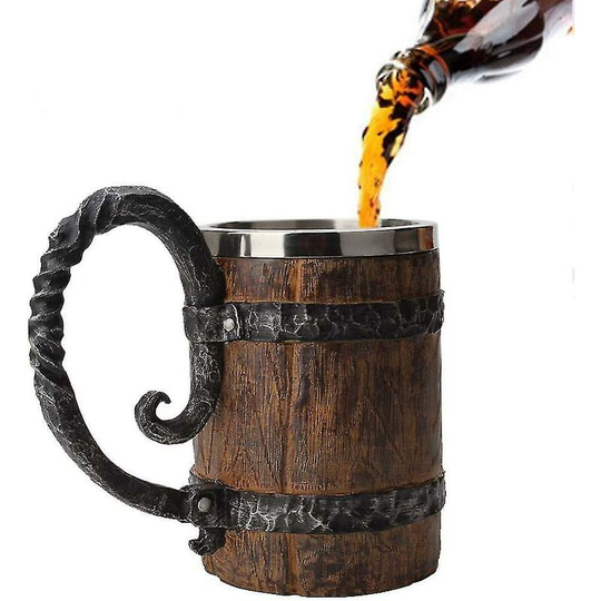 Beer Mug, Imitation Wood Stainless Steel Mug, Barrel Mug (550ml)