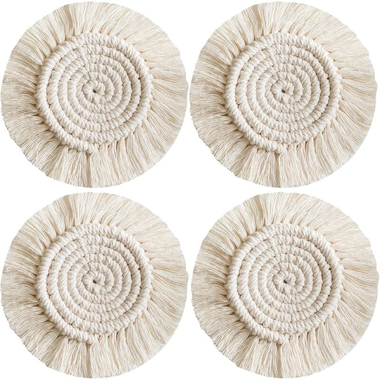 4pcs Braided Cotton Coaster Coasters Coffee Beer Mug Mat with Tassels Boho Table Decoration for Bar Restaurant