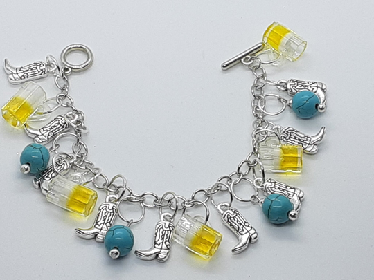 Beer & Cowboy Boot Charm Bracelet Cow Girl Country Music Gifts For Her Concerts Line Dancing