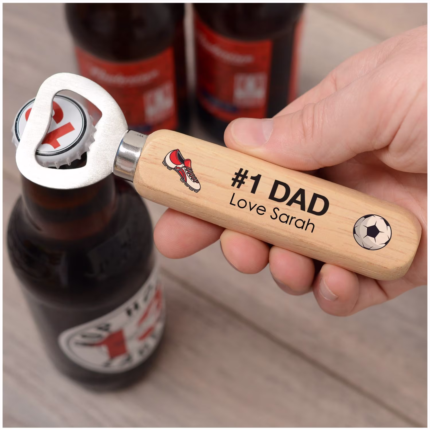 Wooden Bottle Opener Gifts For Dad, Daddy, Grandad - Personalised Birthday Him Football Dad Christmas