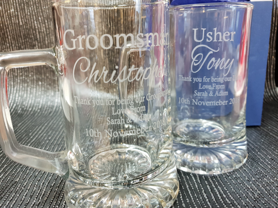 Engraved Large Stern Tankard, 0.51 Litre. Best Laser Engraving Available No Glass Splinters. Grooms Party All Text Can Be Customised