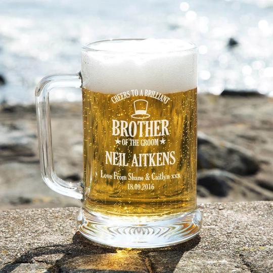 Brother Of The Groom Personalised Laser Engraved Glass Pint Beer Tankard With Handle. Wedding Party Gift Ideas. Customised Keepsake