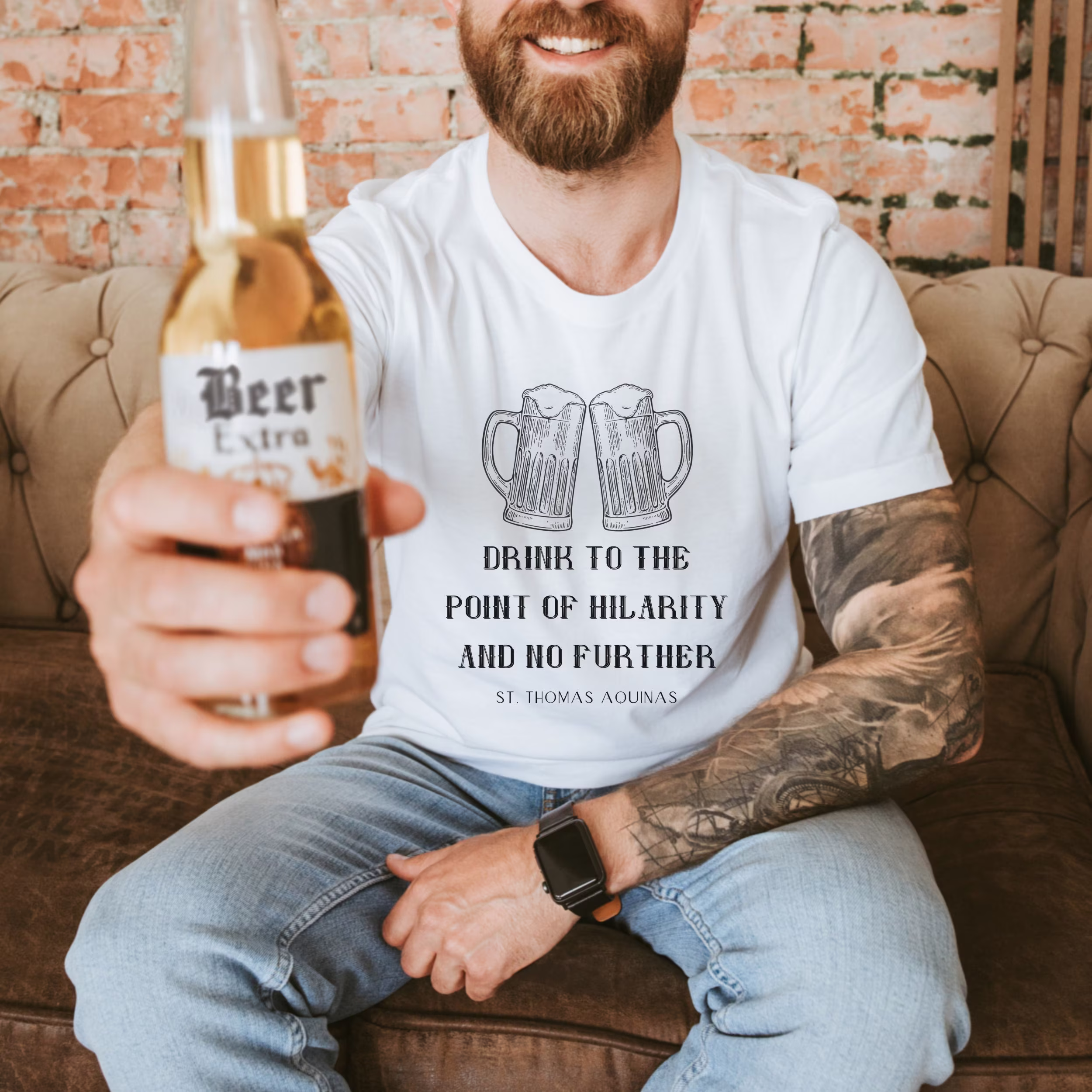 st. Thomas Aquinas Beer Quote T Shirt - "Drink To The Point Of Hilarity & No Further