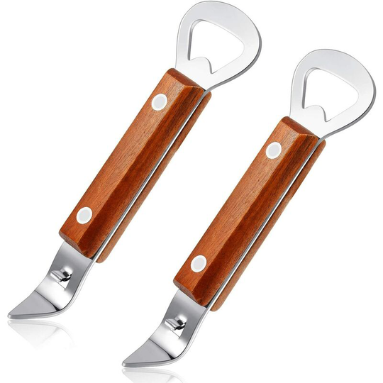 Stainless Steel Beer Bottle Opener with Wooden Handle for Manual Bottle Cans (2, Wood Color)