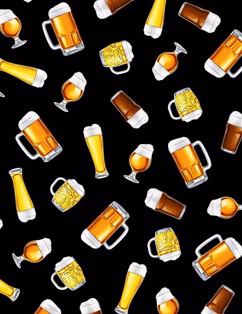 Tossed Beer Glasses - # C8954 Black By Timeless Treasures Frosty Mug 100% Cotton Woven Fabric, Choose Your Cut