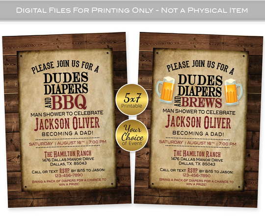 Man Diaper Shower Invitation | 5x7 Dudes Diapers Bbq Or Brews Rustic Faux Wood Personalized Digital Printable Files