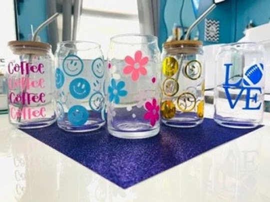 Beer Can Glass; Ice Coffee Color Changing; 16Oz; Bamboo Lid & Straw; Smiley Face Soda Glass