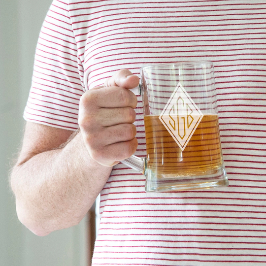 Monogrammed Glass Beer Tankard Mug, Sturdy Handled Pint Engraved With A Monogram Design