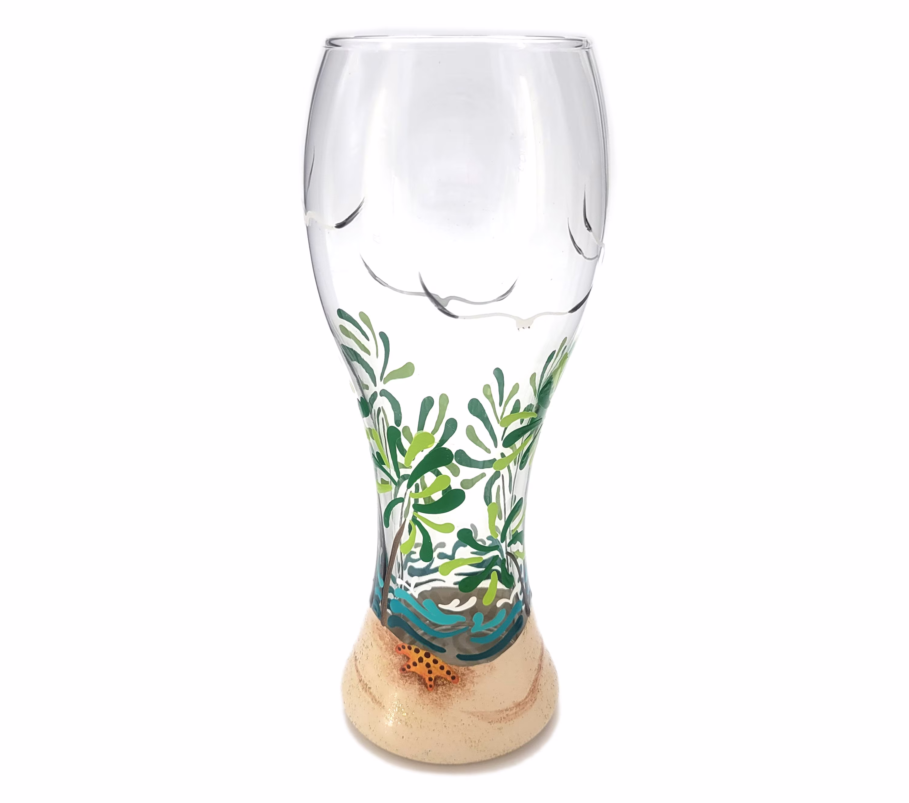 Tropical Scene Tall Beer Glass - Hand Painted Beach Theme Palm Trees, Waves, Sparkly Sand, Seagulls Pint, Pilsner