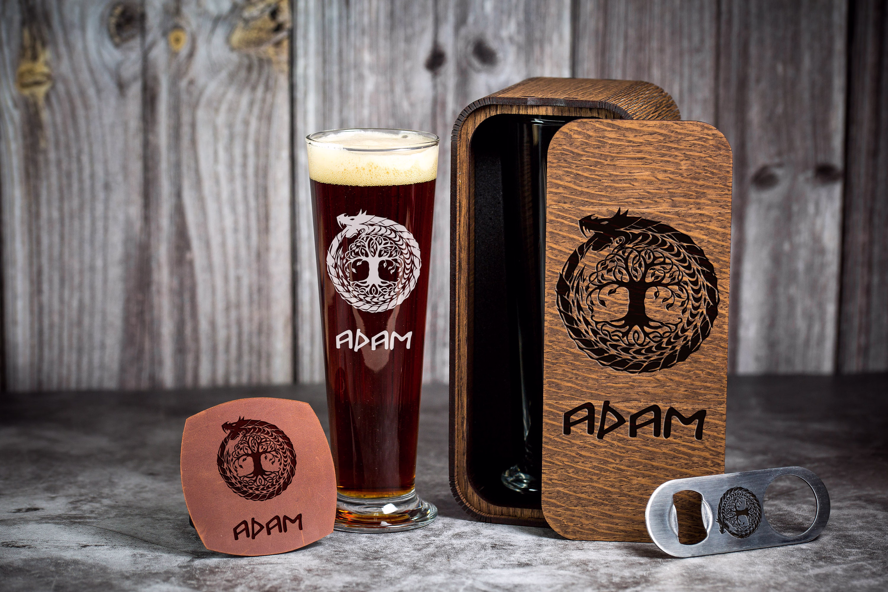 Personalized Groomsmen Beer Glasses, Engraved Mug, Tree Of Life, Ancient Symbols, Anniversary Gift, Best Gift For Him, Ouroboros