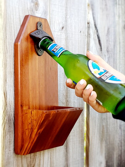 Wall Mounted Beer Bottle Opener | Modern Rustic Style - Beveled Edges, Opener With Cap Catcher, Groomsman Gift, Gift For Him, Man Cave, Bar