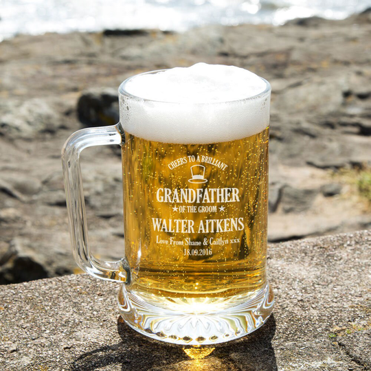 Personalised Laser Engraved Grandfather Of The Groom Glass Beer Tankard. Customised Wedding Party Gift Ideas. Keepsake Presents. UK
