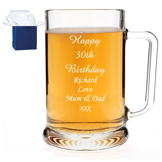Personalised Engraved Glass Beer Tankard Birthday Gifts Any Age, 18Th, 21st, 30Th, 40Th 50Th 60Th, 65Th 70Th, 75Th For Him /Her
